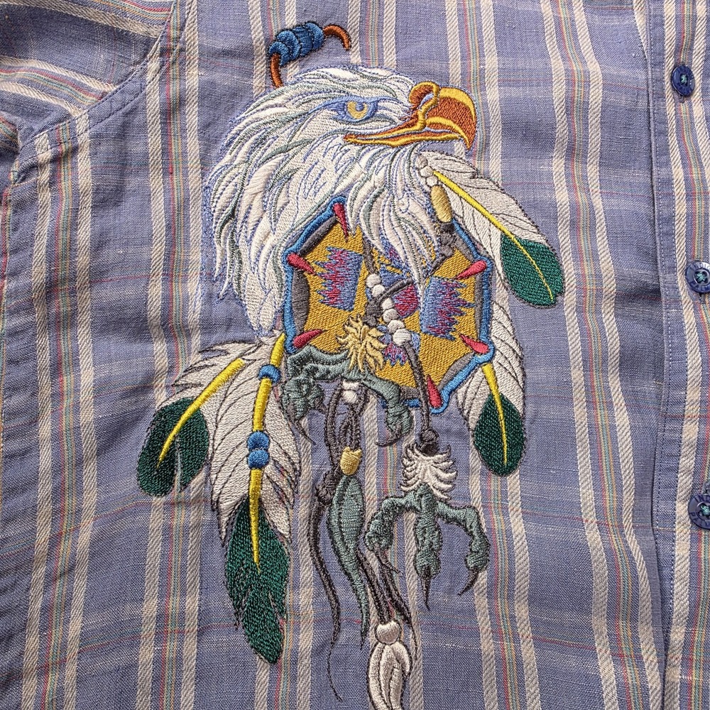 Indigo Palms Tommy Bahama Men's M Linen Plaid Shirt Embroidered Eagle Resortwear - Picture 2 of 10